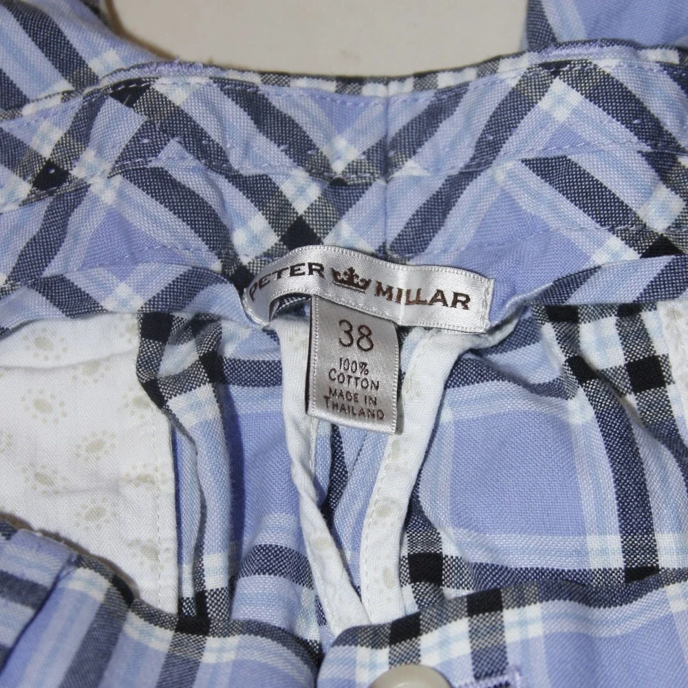 Peter Millar Mens‎ Plaid Flat Front Shorts Size 38 Blue White Black 100% Cotton